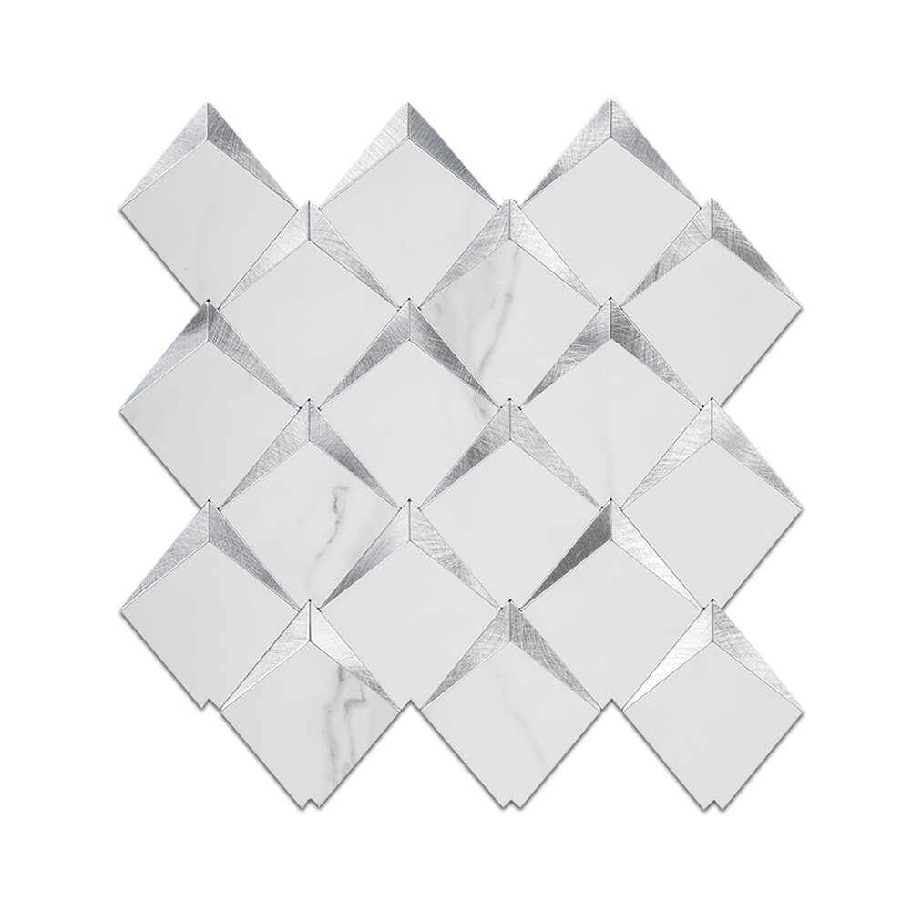 5-Sheet Peel and Stick Backsplash Tile PVC White Marble Stone with Silver Aluminum Metal Self-Adhesive Mosaic Decor Sticker